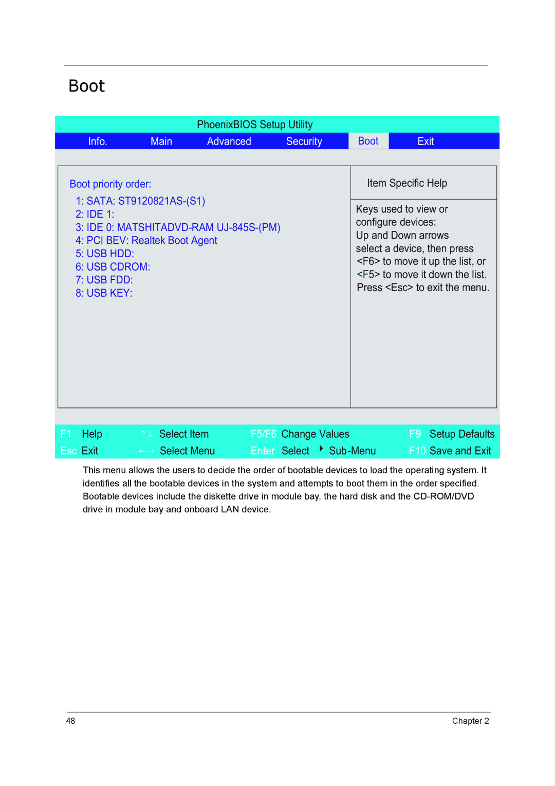 Acer 5210 manual Boot, USB HDD USB Cdrom USB FDD USB KEY 