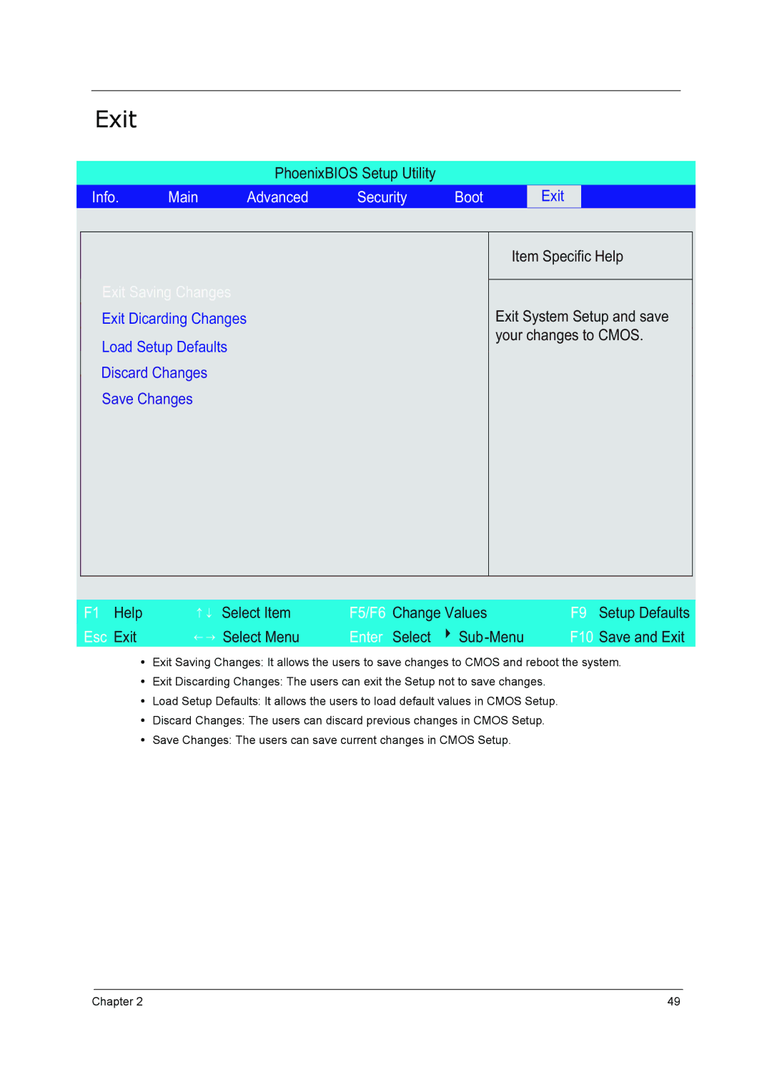 Acer 5210 manual Exit, Info Main Advanced Security Boot 