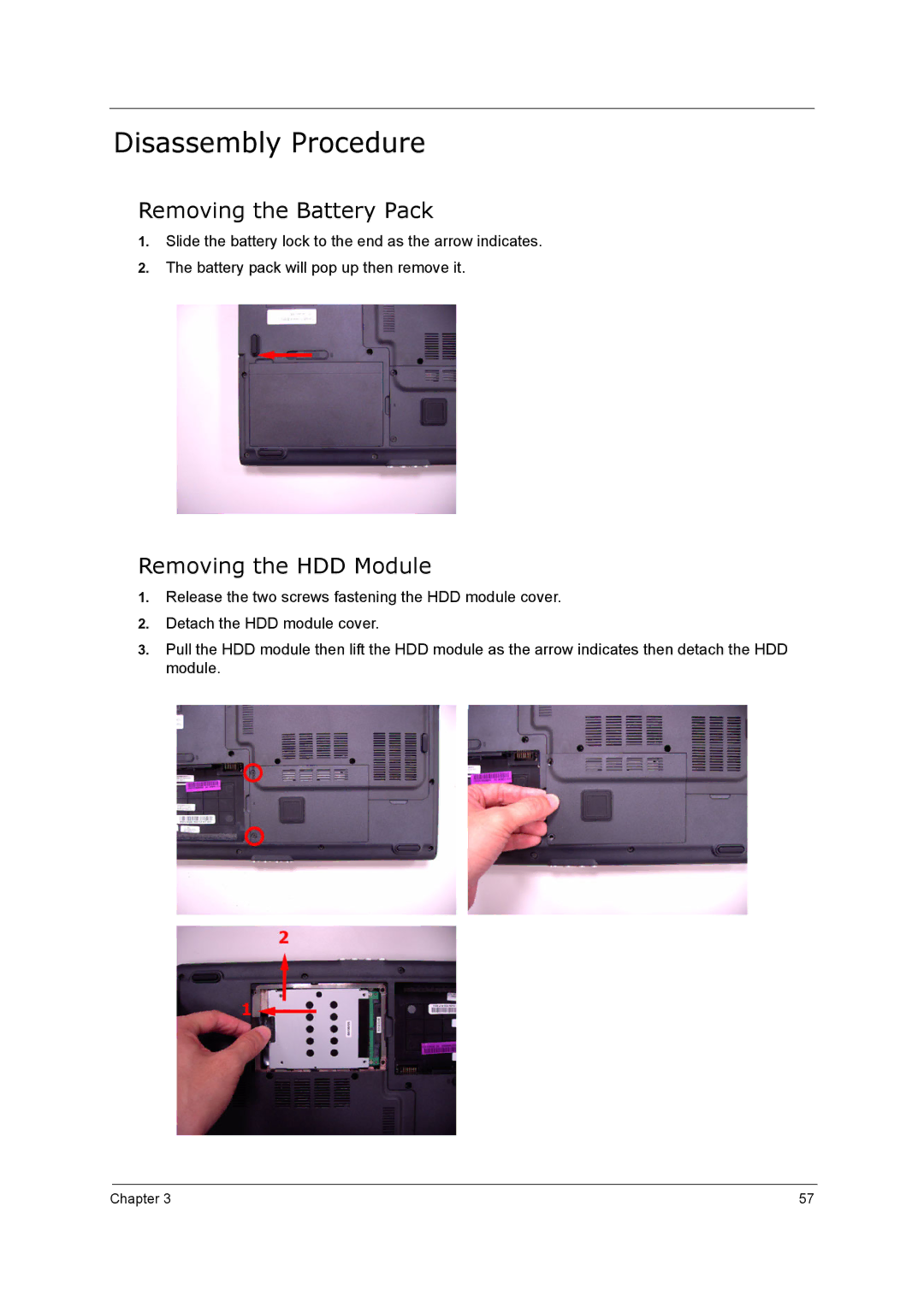 Acer 5210 manual Disassembly Procedure, Removing the Battery Pack, Removing the HDD Module 