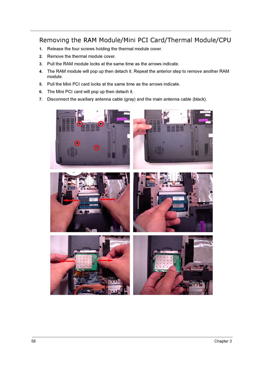 Acer 5210 manual Removing the RAM Module/Mini PCI Card/Thermal Module/CPU 