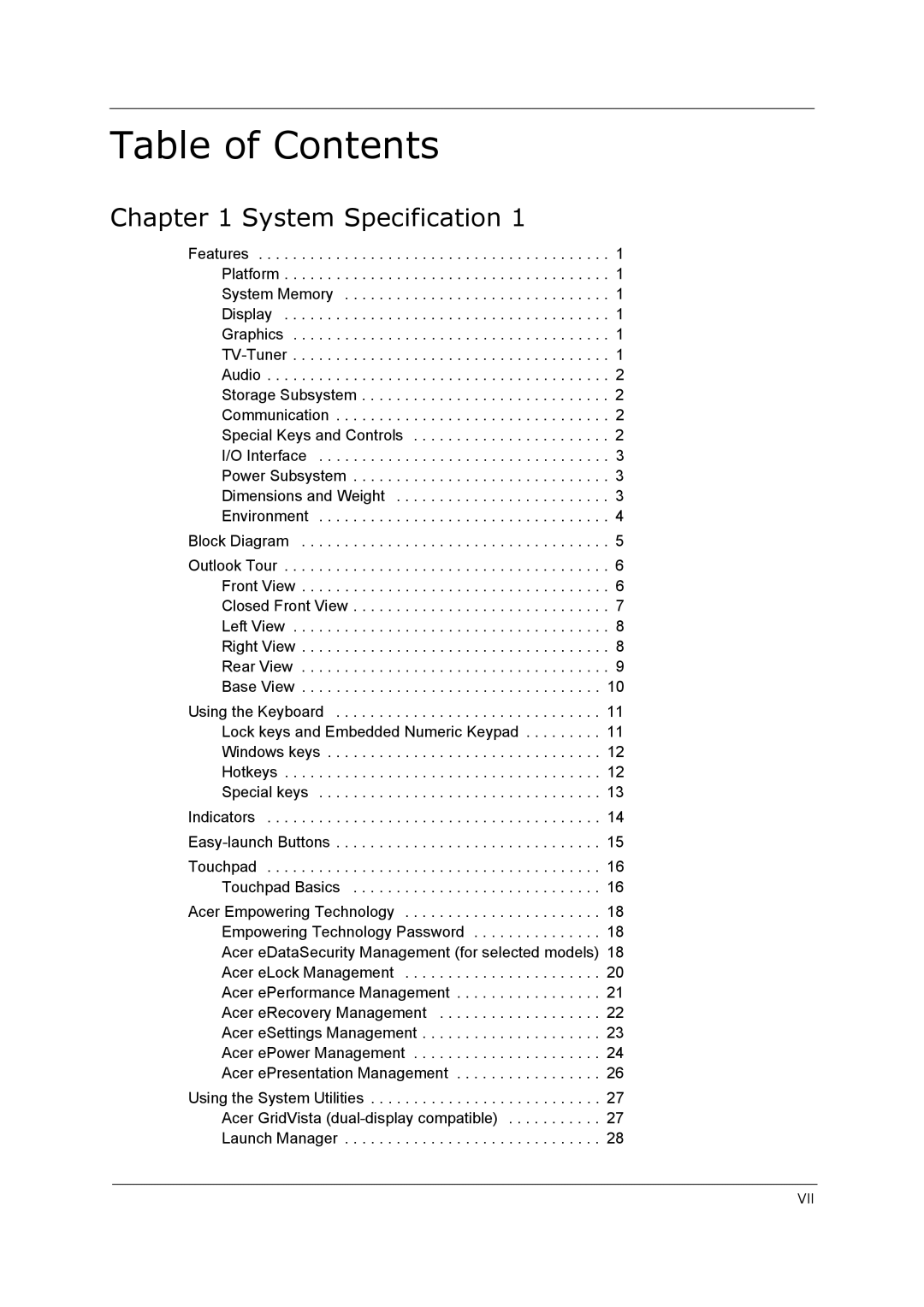 Acer 5210 manual Table of Contents 