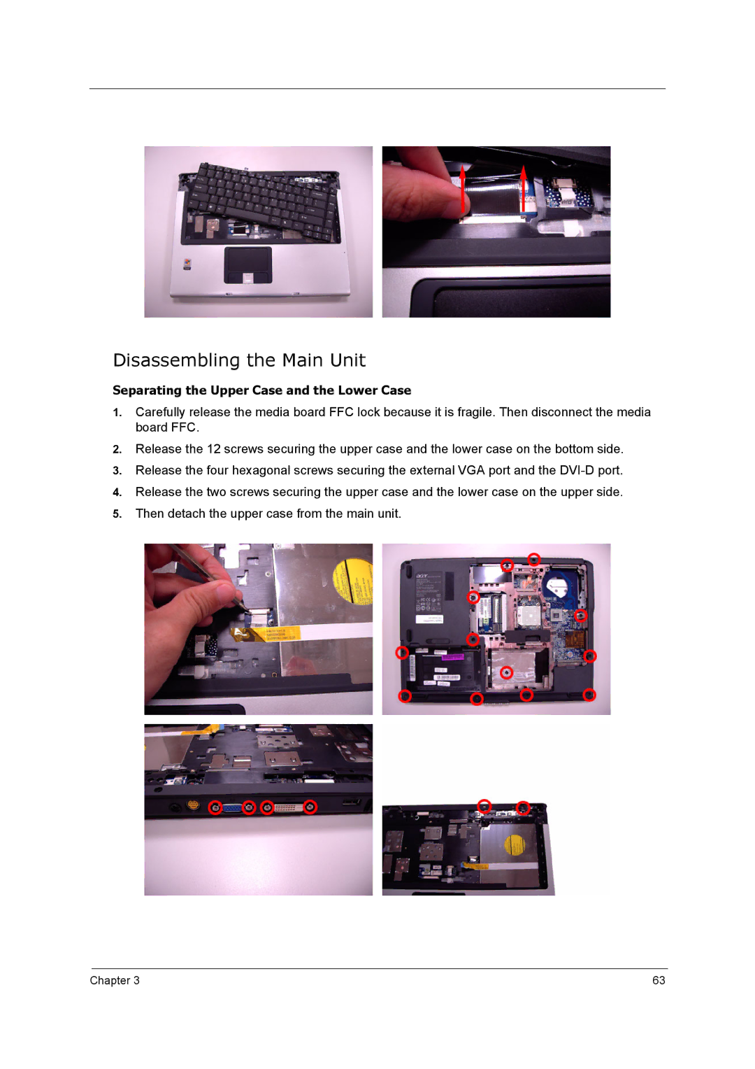 Acer 5210 manual Disassembling the Main Unit, Separating the Upper Case and the Lower Case 