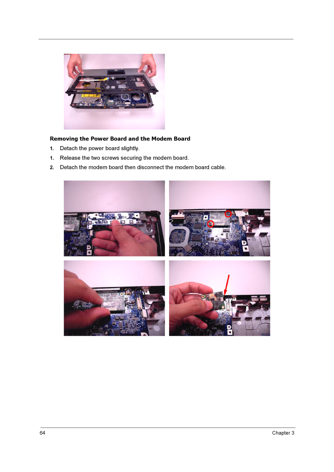 Acer 5210 manual Removing the Power Board and the Modem Board 