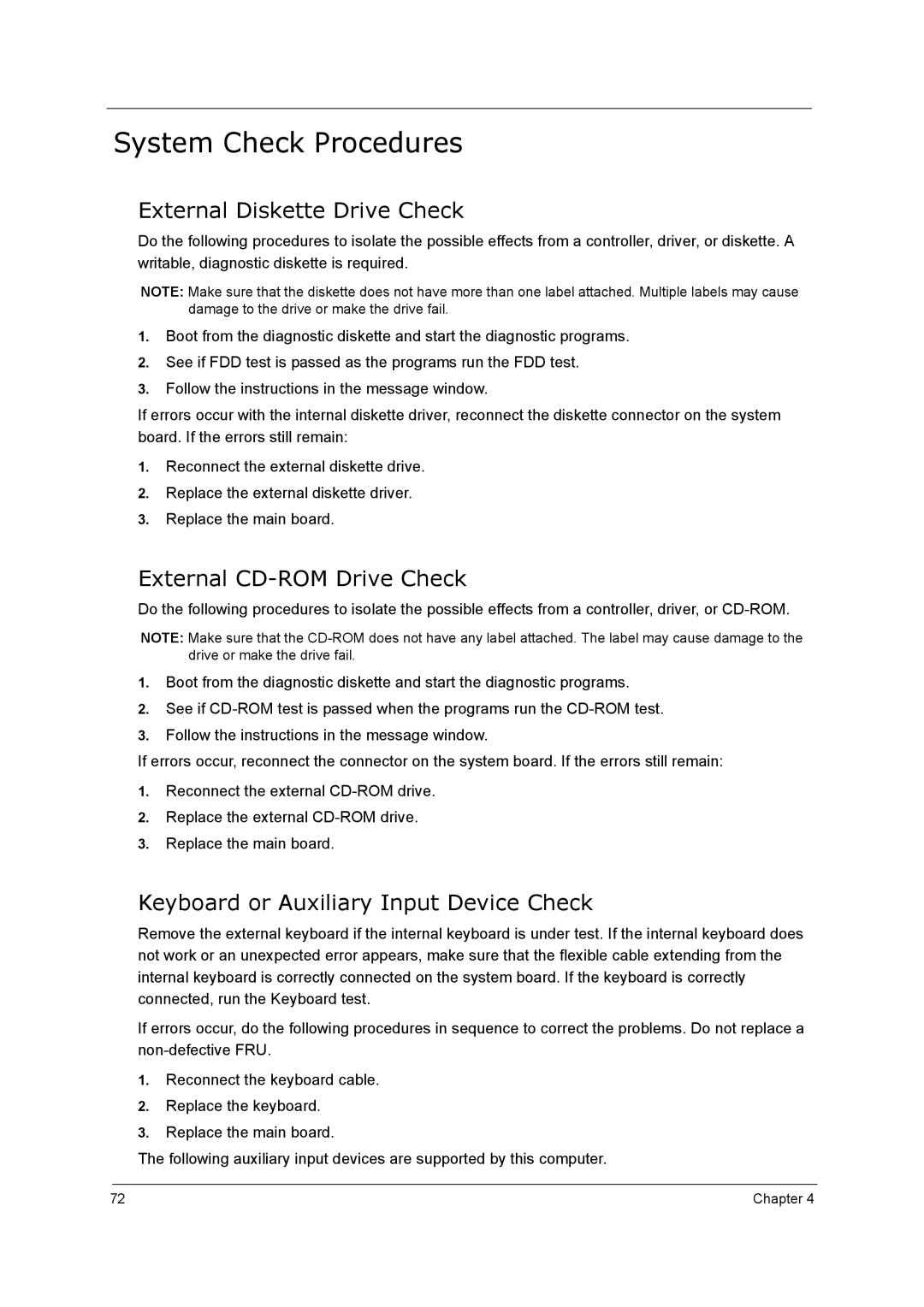 Acer 5210 manual System Check Procedures, External Diskette Drive Check, External CD-ROM Drive Check 