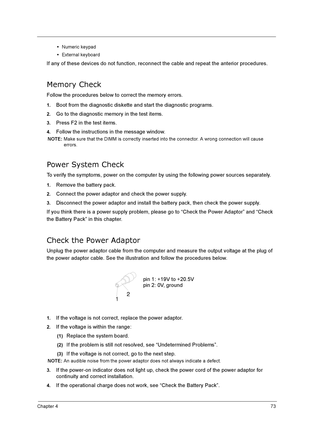 Acer 5210 manual Memory Check, Power System Check, Check the Power Adaptor 