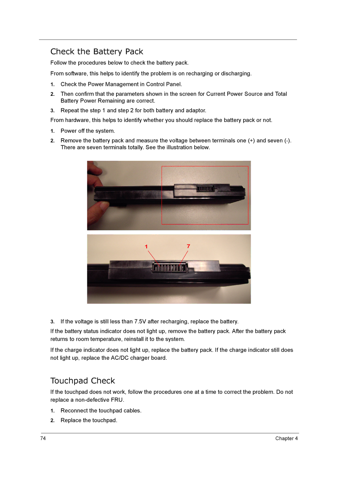 Acer 5210 manual Check the Battery Pack, Touchpad Check 