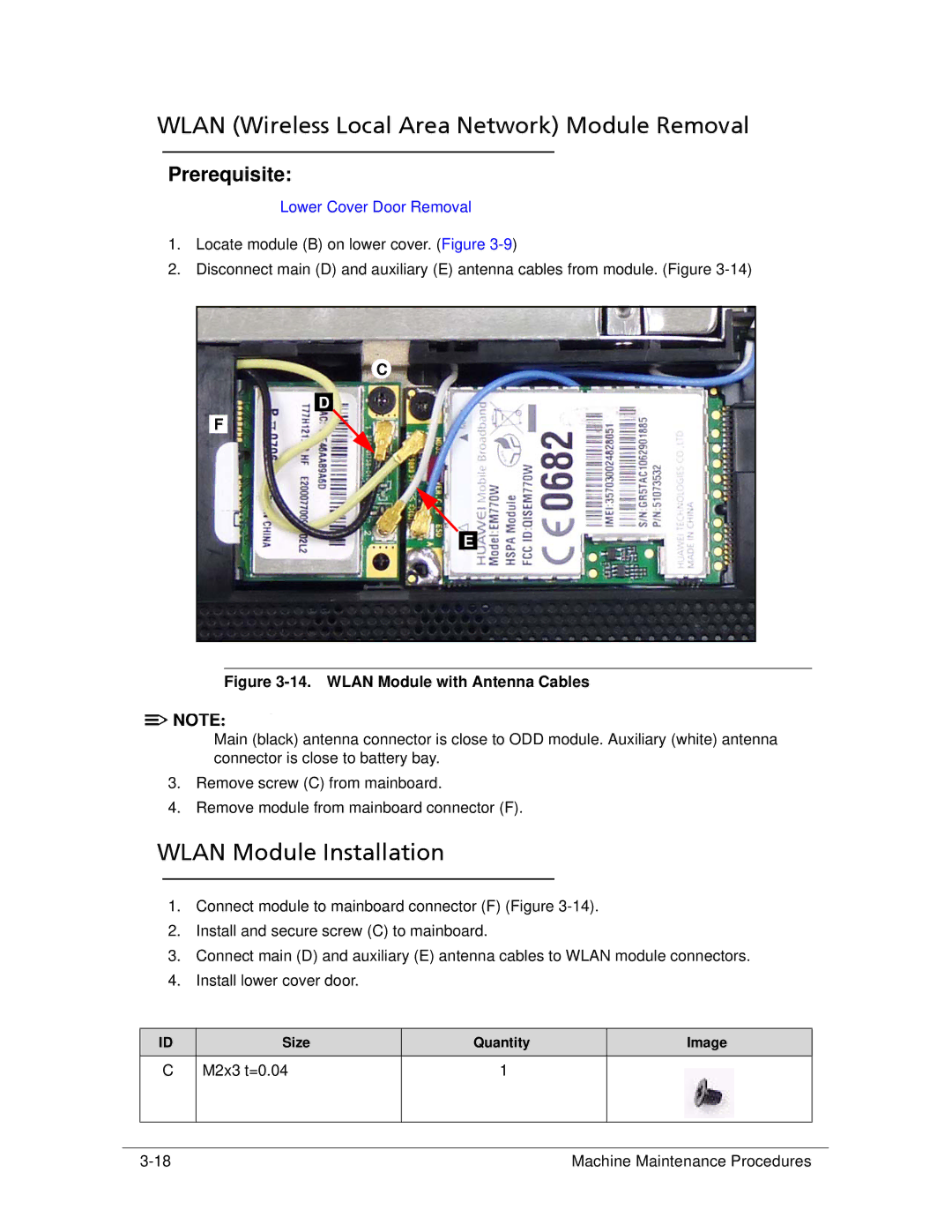 Acer 522 manual Wlan Wireless Local Area Network Module Removal, Wlan Module Installation, M2x3 t=0.04 