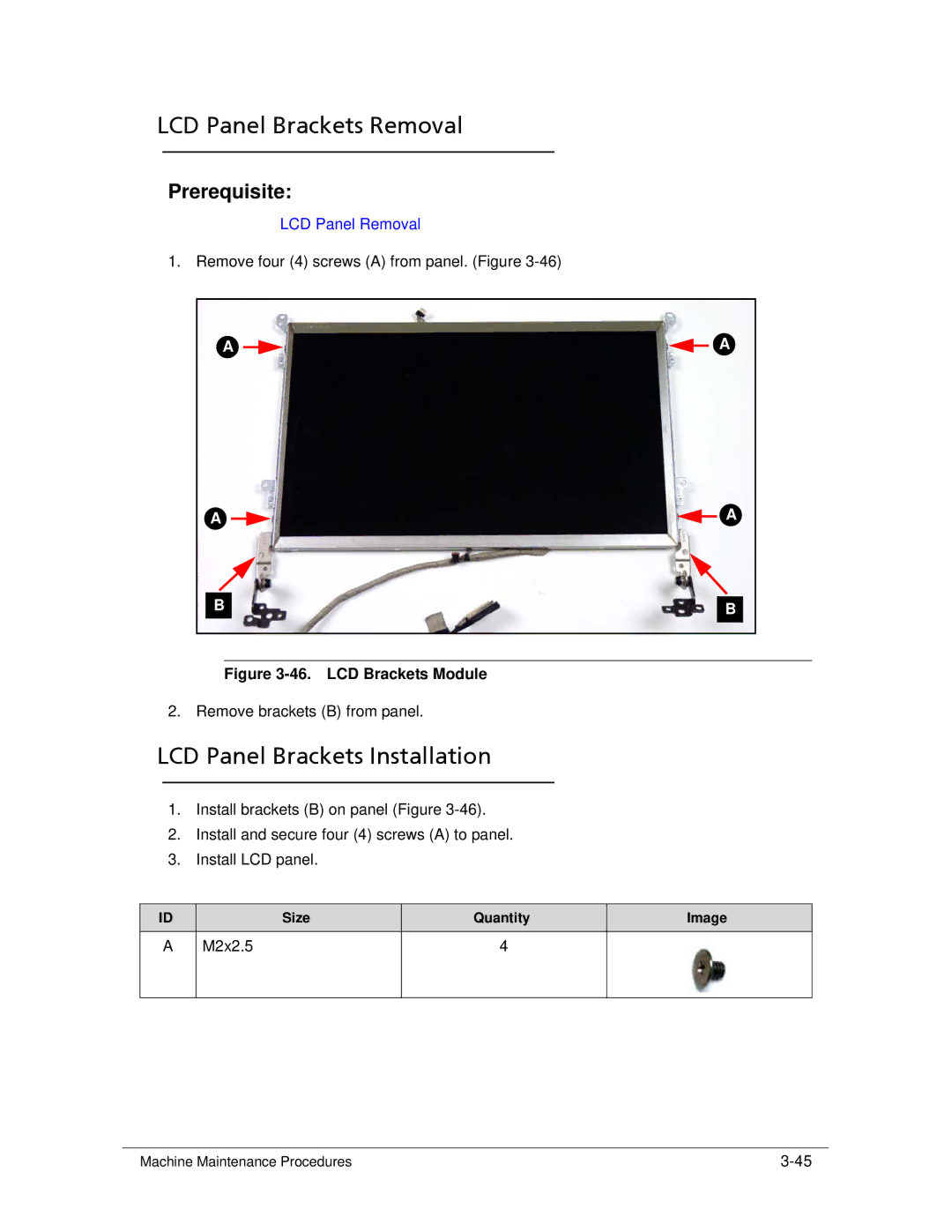 Acer 522 manual LCD Panel Brackets Removal, LCD Panel Brackets Installation, M2x2.5 