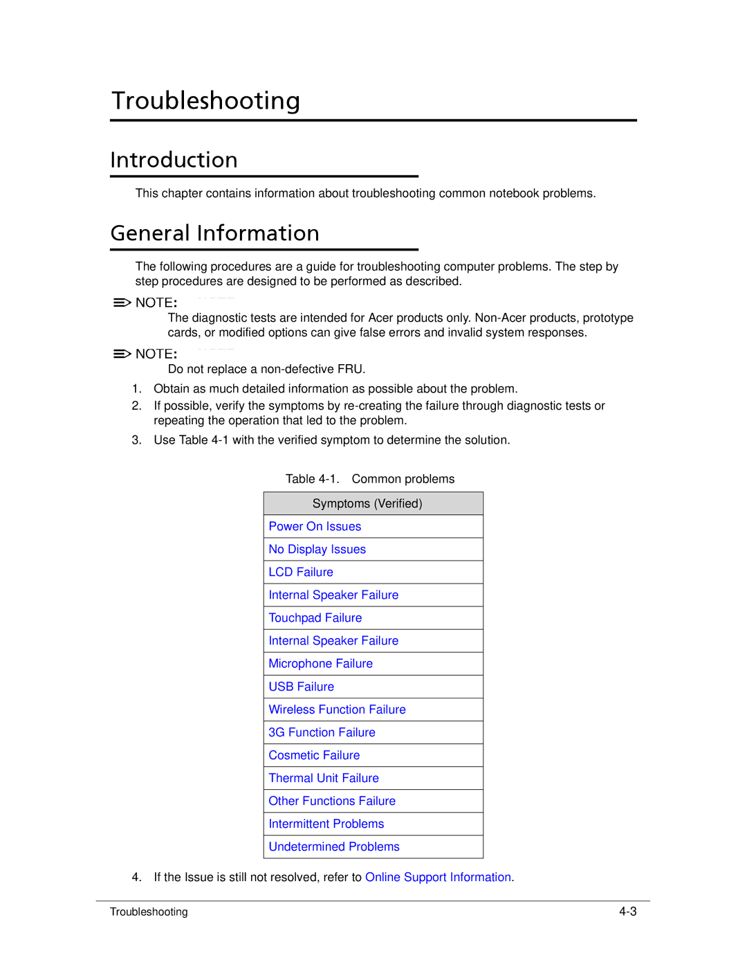 Acer 522 manual Introduction, Common problems Symptoms Verified 