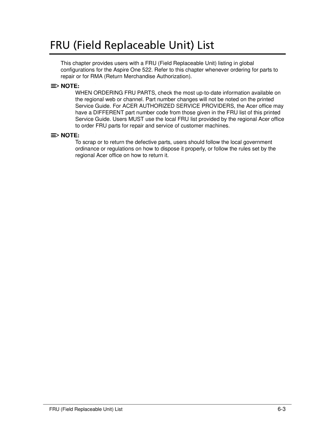 Acer 522 manual FRU Field Replaceable Unit List 