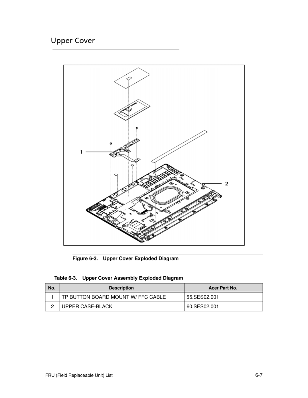 Acer 522 manual Upper Cover, TP Button Board Mount W/ FFC Cable 