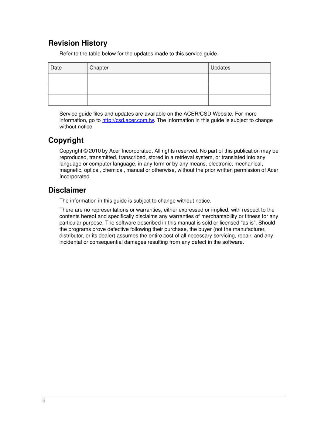 Acer 522 manual Revision History 