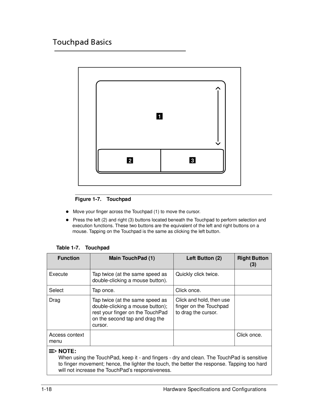 Acer 522 manual Touchpad Basics, Touchpad Function Main TouchPad Left Button Right Button 