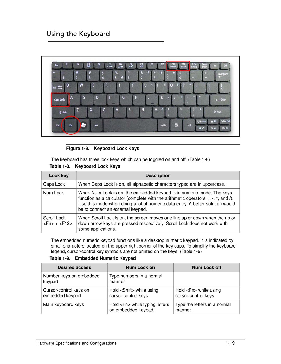 Acer 522 manual Using the Keyboard, Keyboard Lock Keys Lock key Description 