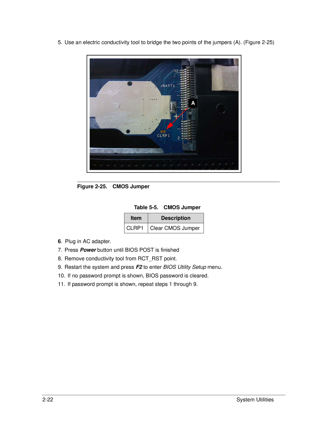 Acer 522 manual Cmos Jumper Description, Clear Cmos Jumper 