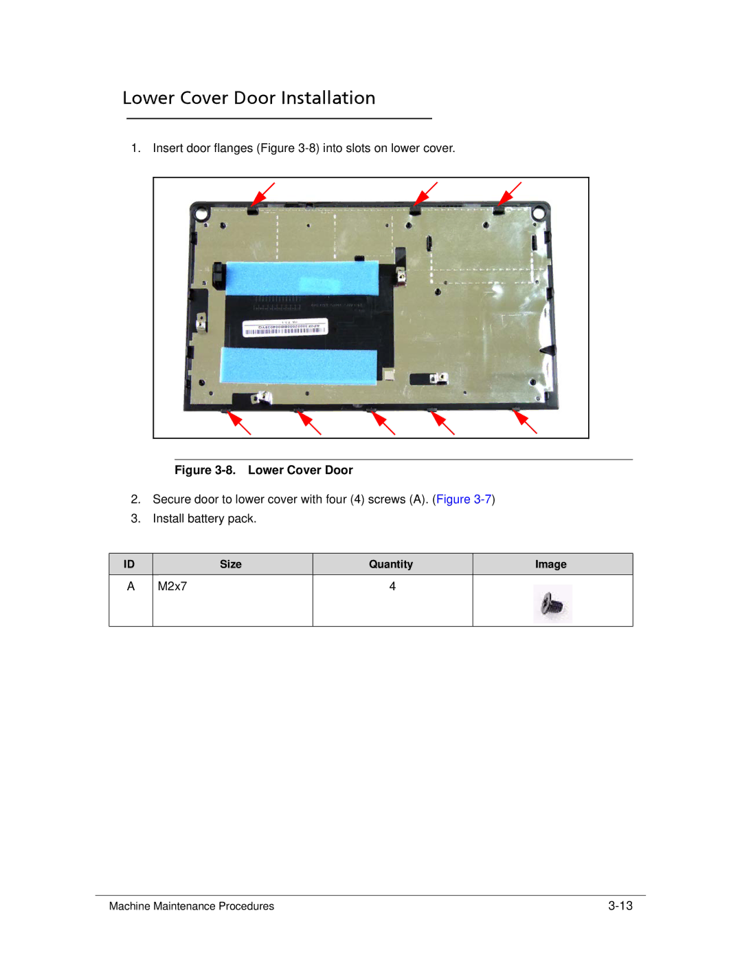 Acer 522 manual Lower Cover Door Installation, M2x7 