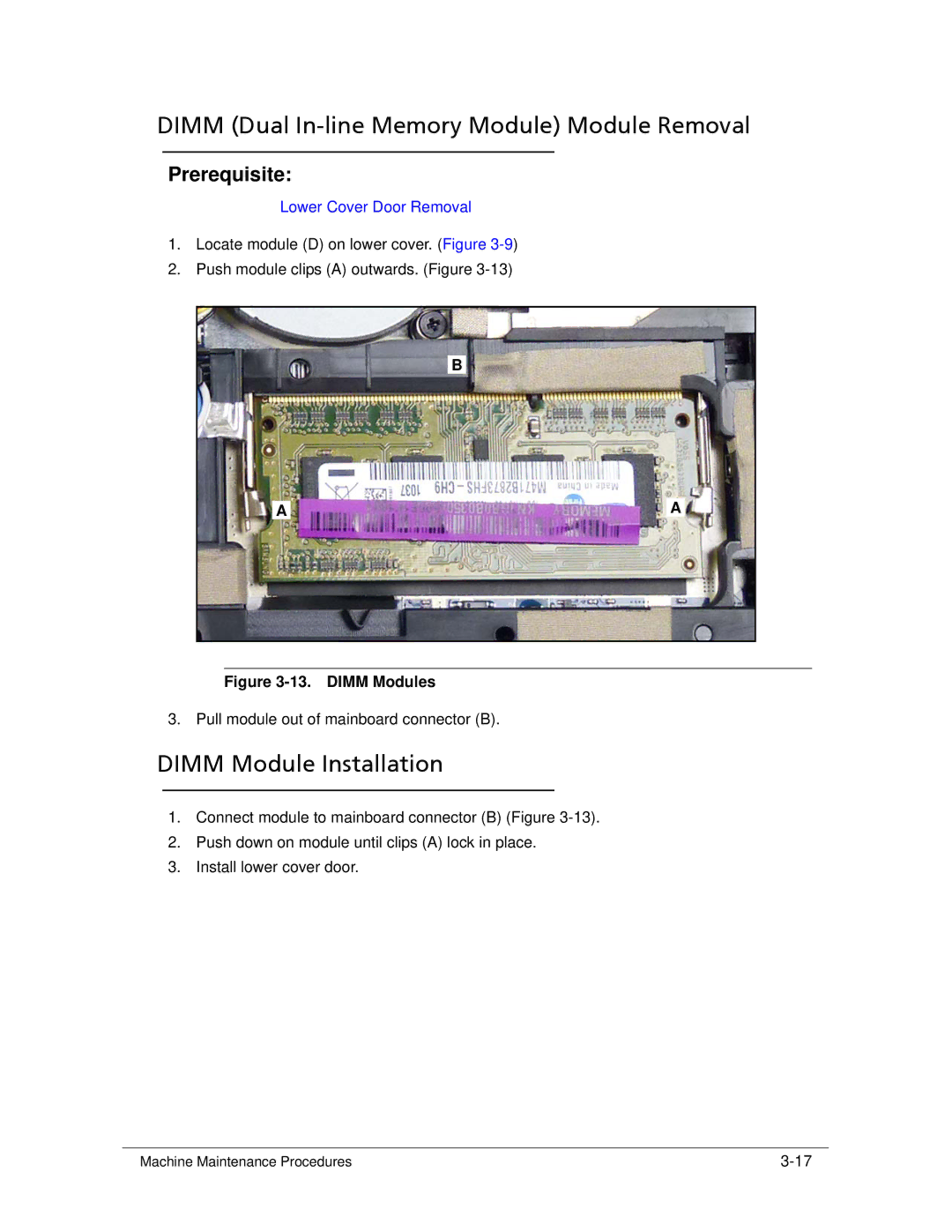 Acer 522 manual Dimm Dual In-line Memory Module Module Removal, Dimm Module Installation 