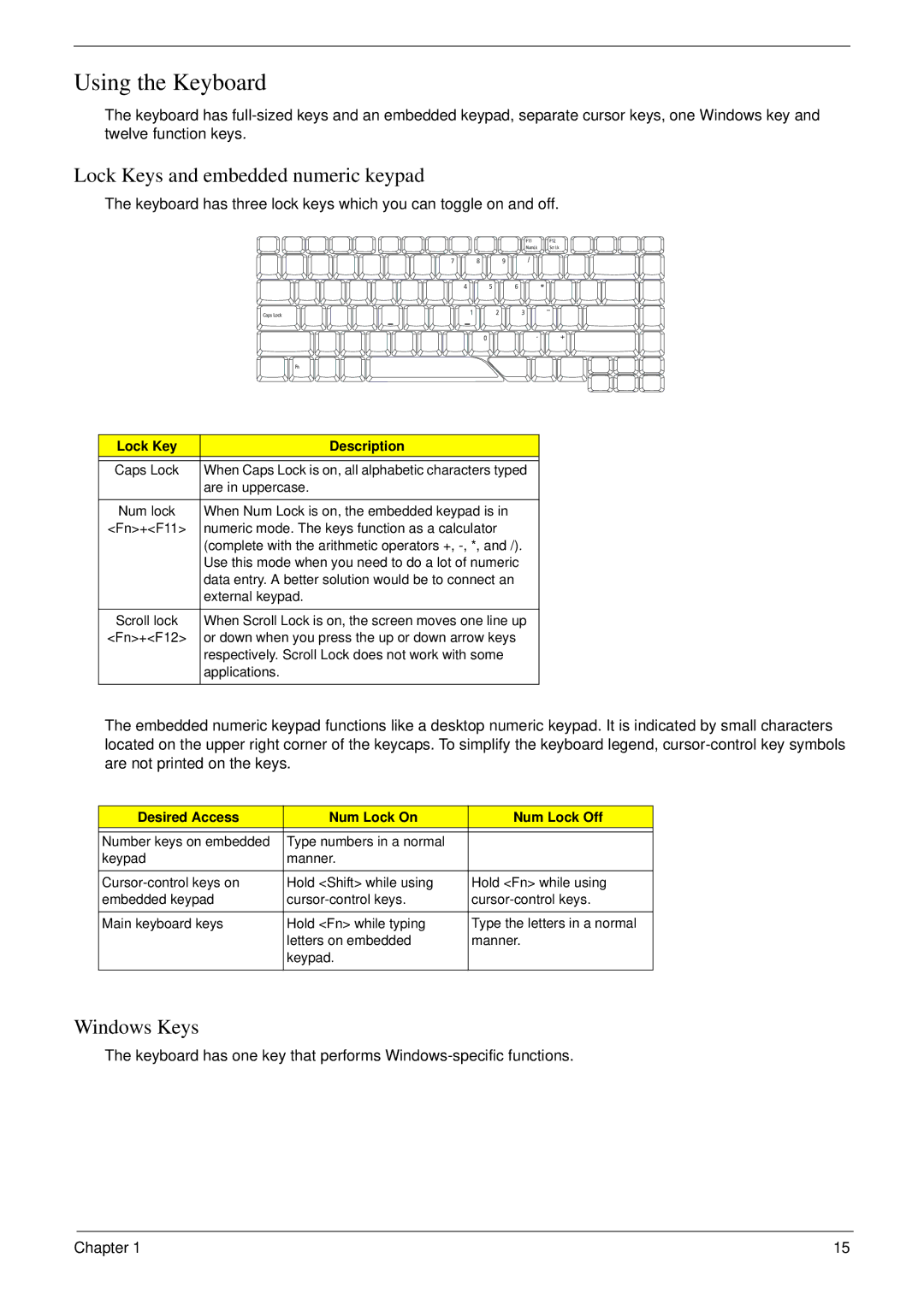 Acer 5220 manual Using the Keyboard, Lock Keys and embedded numeric keypad, Windows Keys, Lock Key Description 