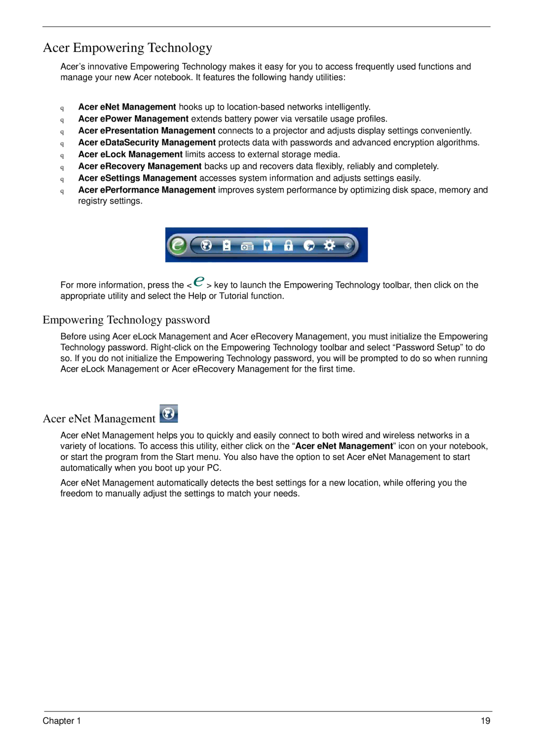 Acer 5220 manual Acer Empowering Technology, Empowering Technology password, Acer eNet Management 