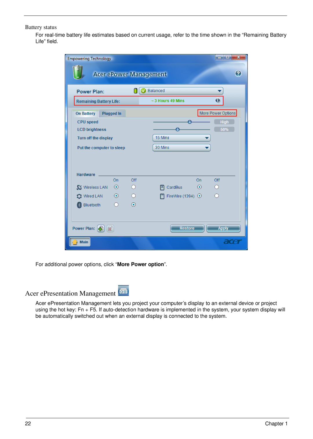 Acer 5220 manual Acer ePresentation Management, Battery status 