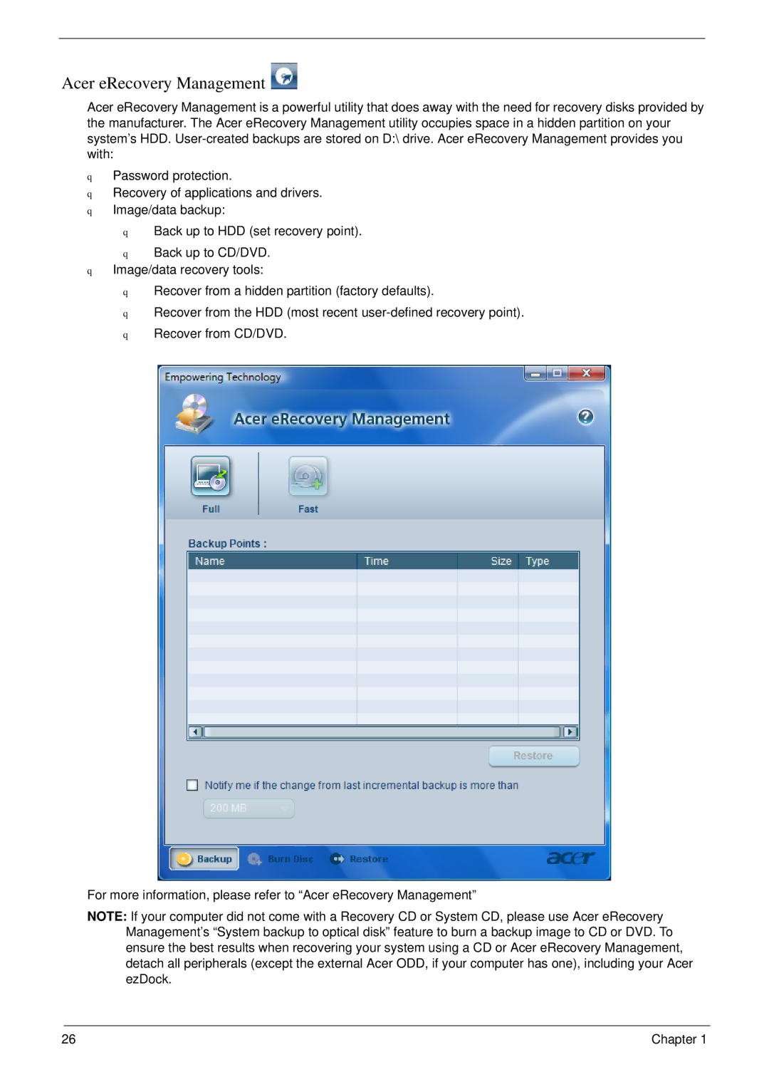 Acer 5220 manual Acer eRecovery Management 