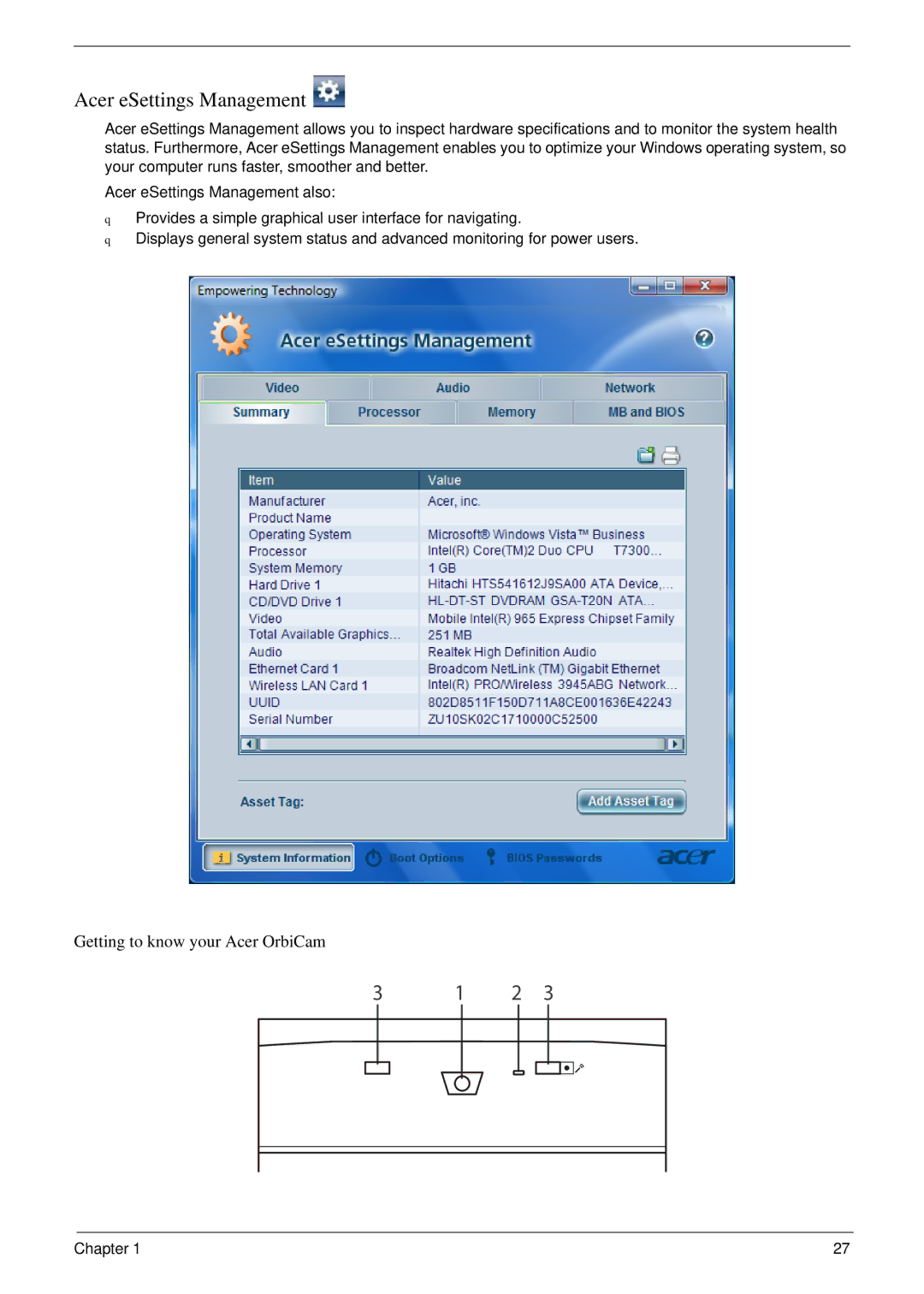 Acer 5220 manual Acer eSettings Management 