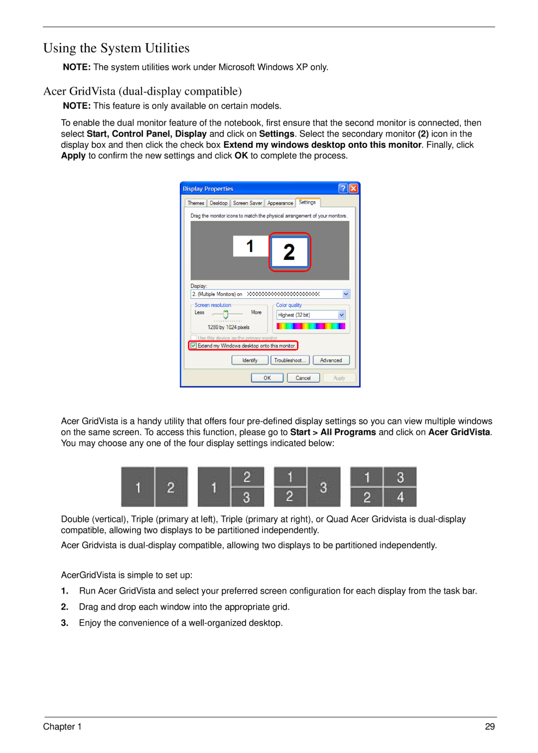 Acer 5220 manual Using the System Utilities, Acer GridVista dual-display compatible 