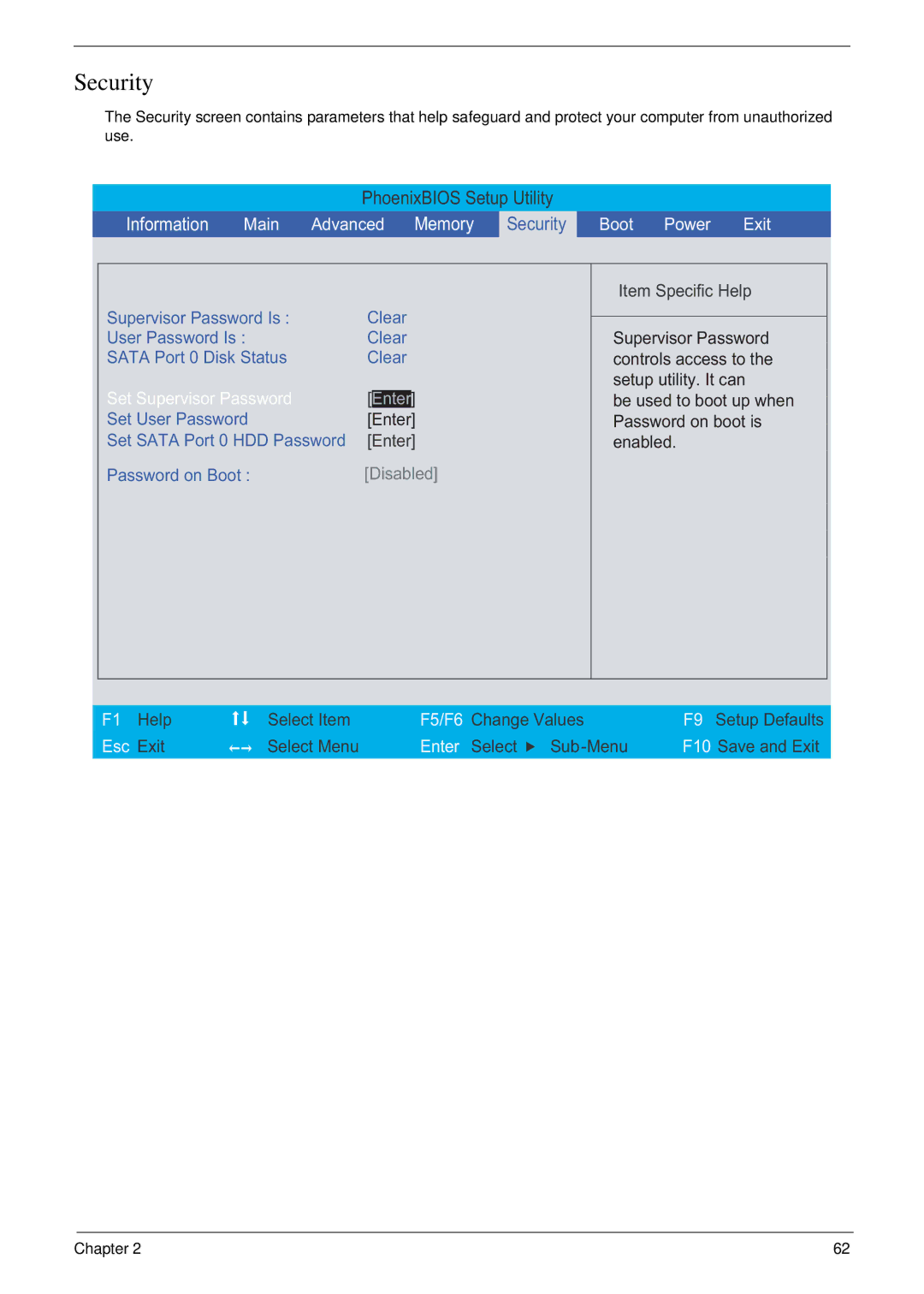 Acer 5220 manual Security 