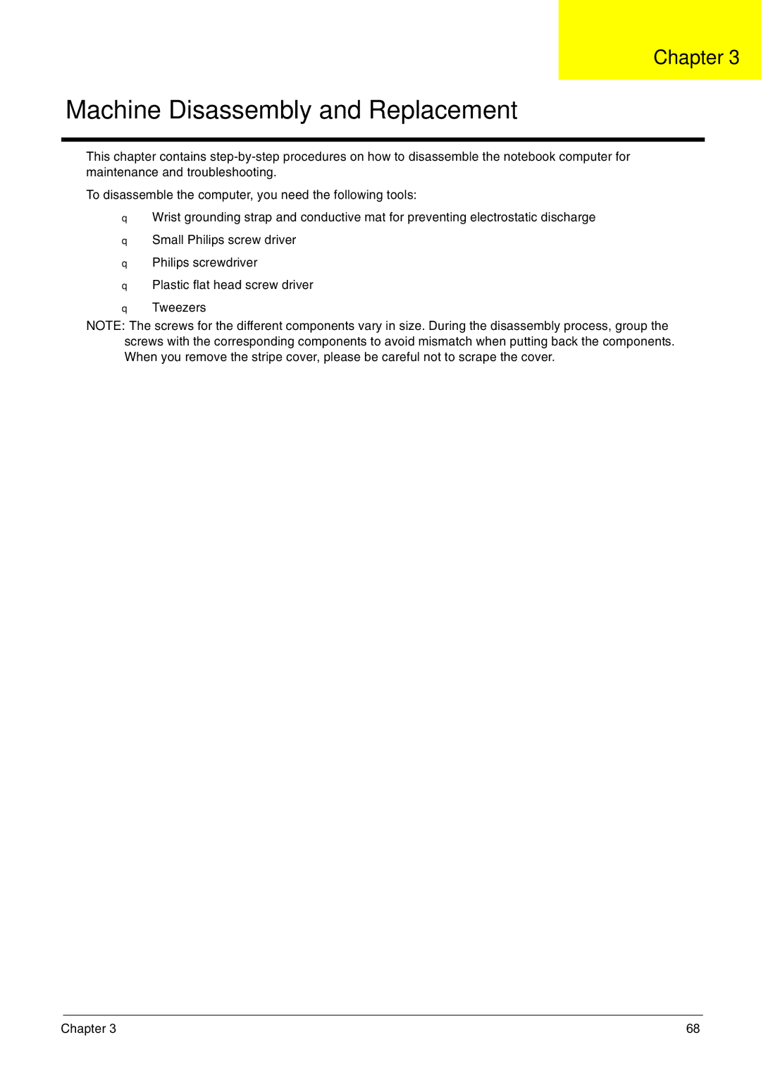 Acer 5220 manual Machine Disassembly and Replacement, Chapter 