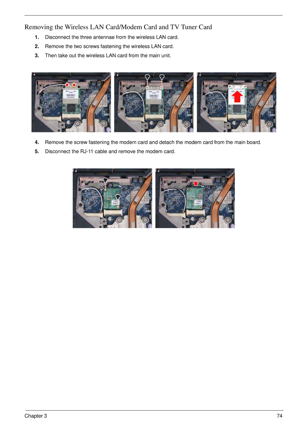 Acer 5220 manual Removing the Wireless LAN Card/Modem Card and TV Tuner Card 