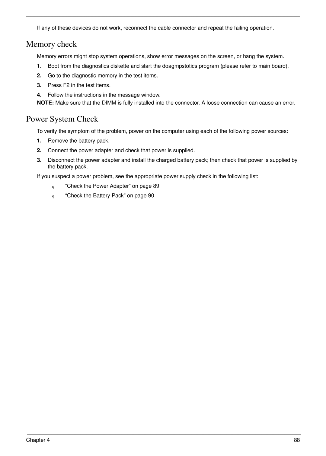 Acer 5220 manual Memory check, Power System Check 