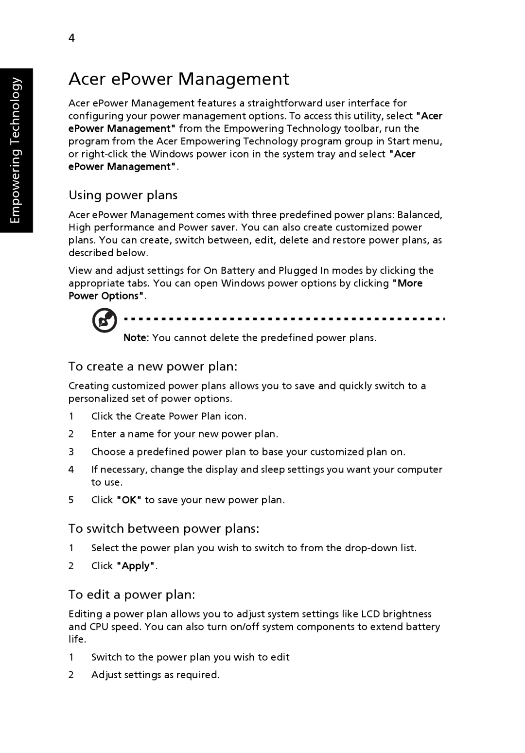 Acer 5220G, MS2210 Acer ePower Management, Using power plans, To create a new power plan, To switch between power plans 