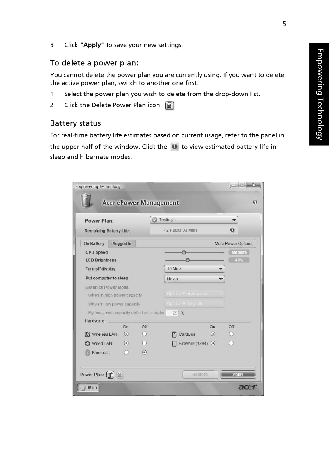 Acer MS2210, 5220G manual To delete a power plan, Battery status 