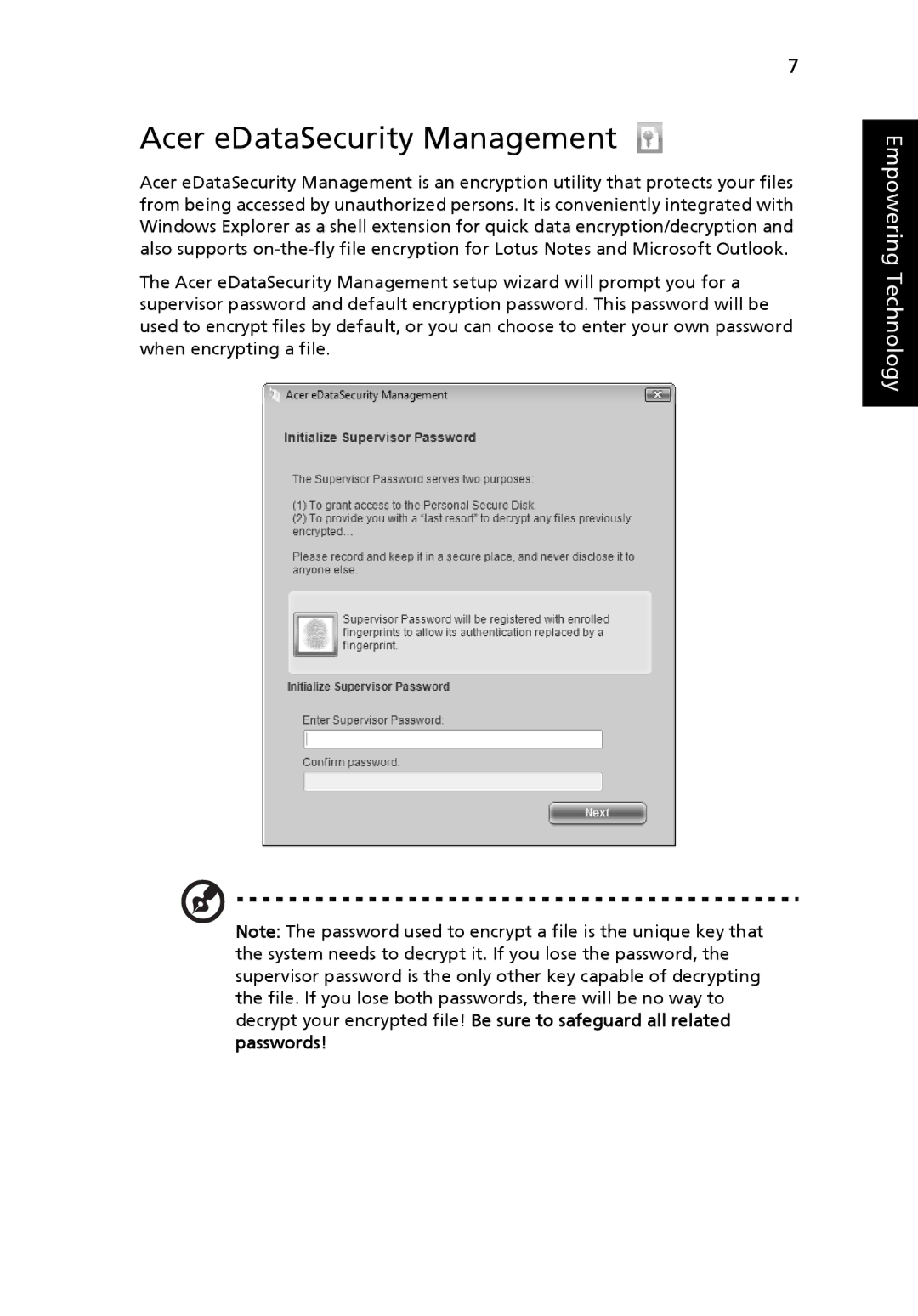 Acer MS2210, 5220G manual Acer eDataSecurity Management 