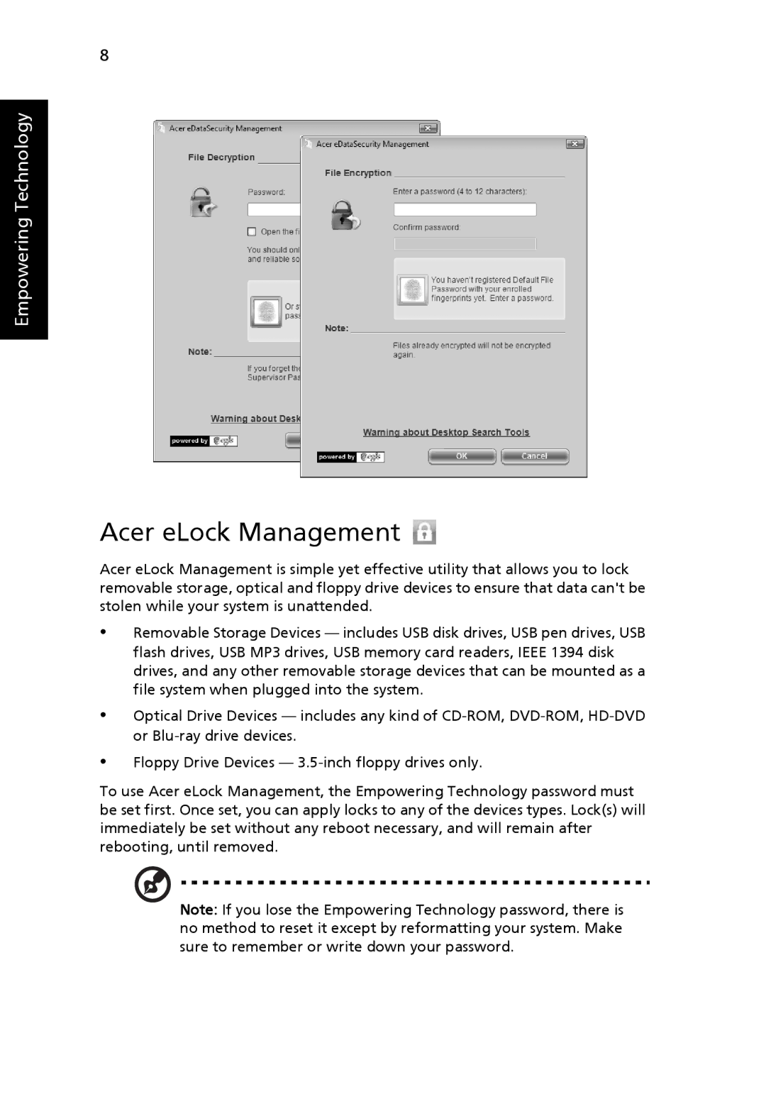 Acer 5220G, MS2210 manual Acer eLock Management 