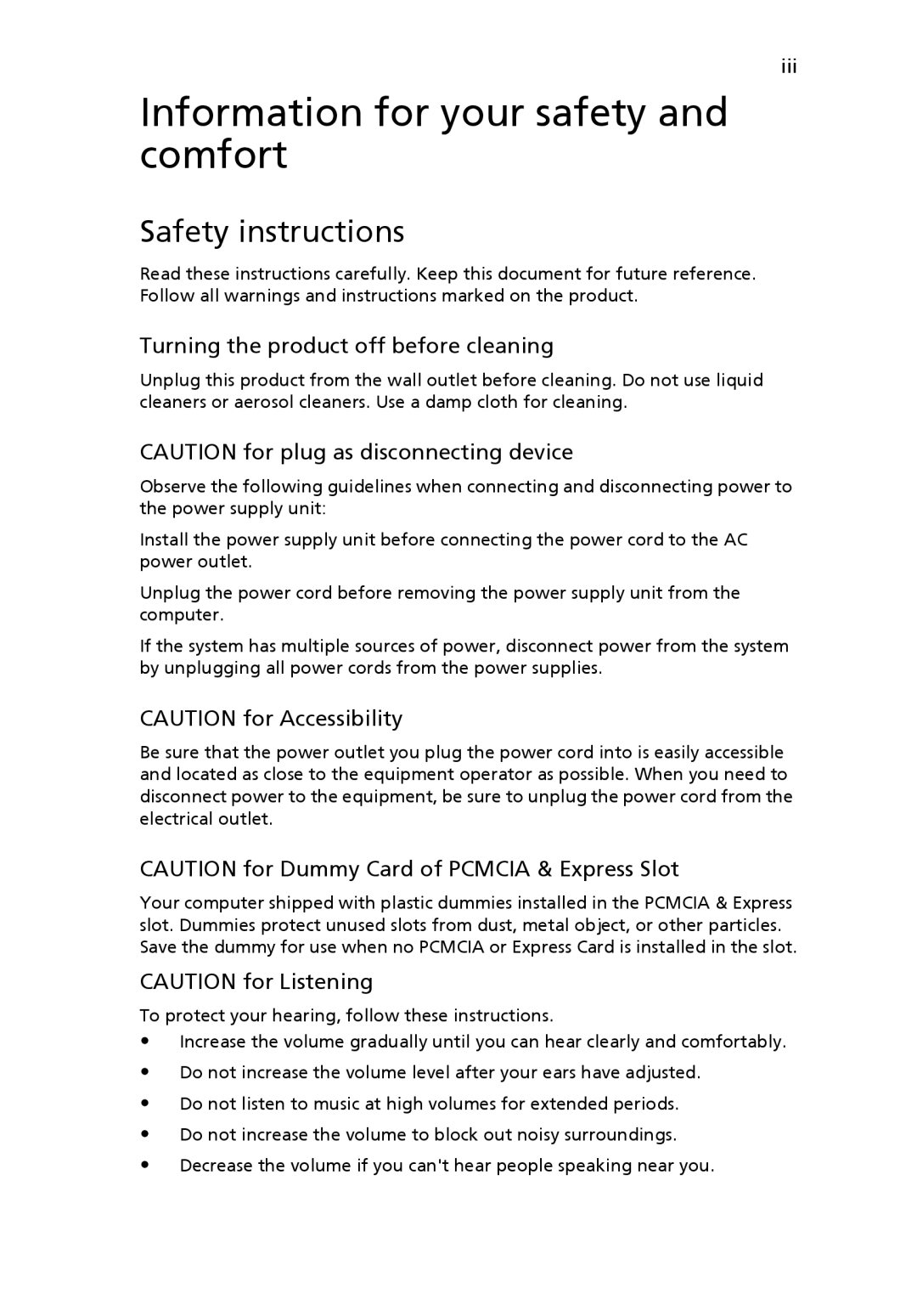 Acer MS2210, 5220G Information for your safety and comfort, Safety instructions, Turning the product off before cleaning 