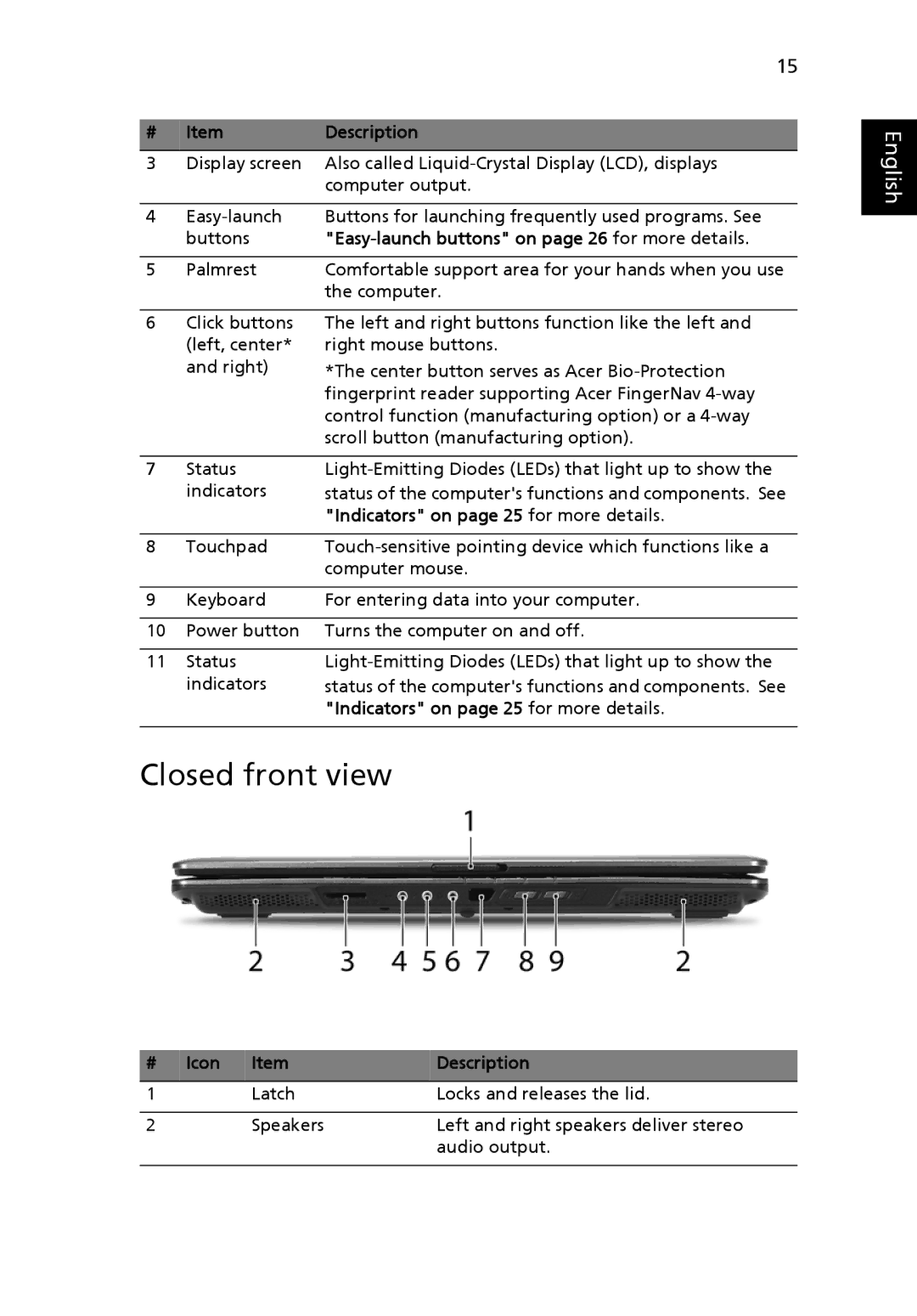 Acer MS2210 Closed front view, Easy-launch buttons on page 26 for more details, Indicators on page 25 for more details 