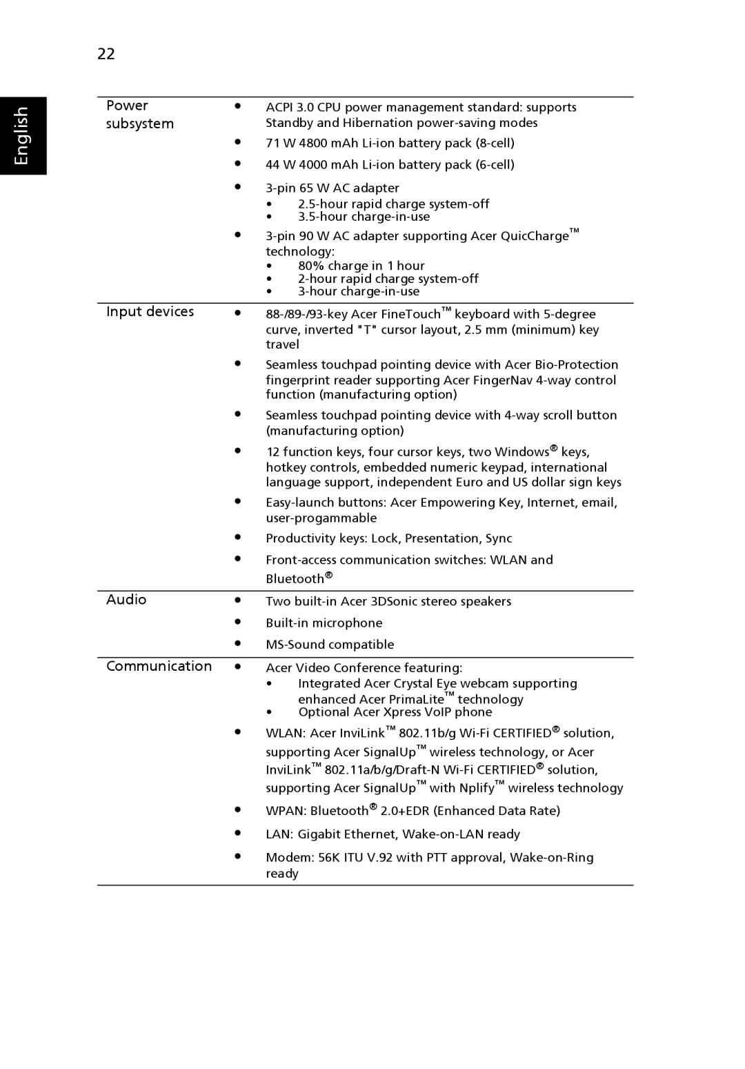 Acer 5220G, MS2210 manual Power 