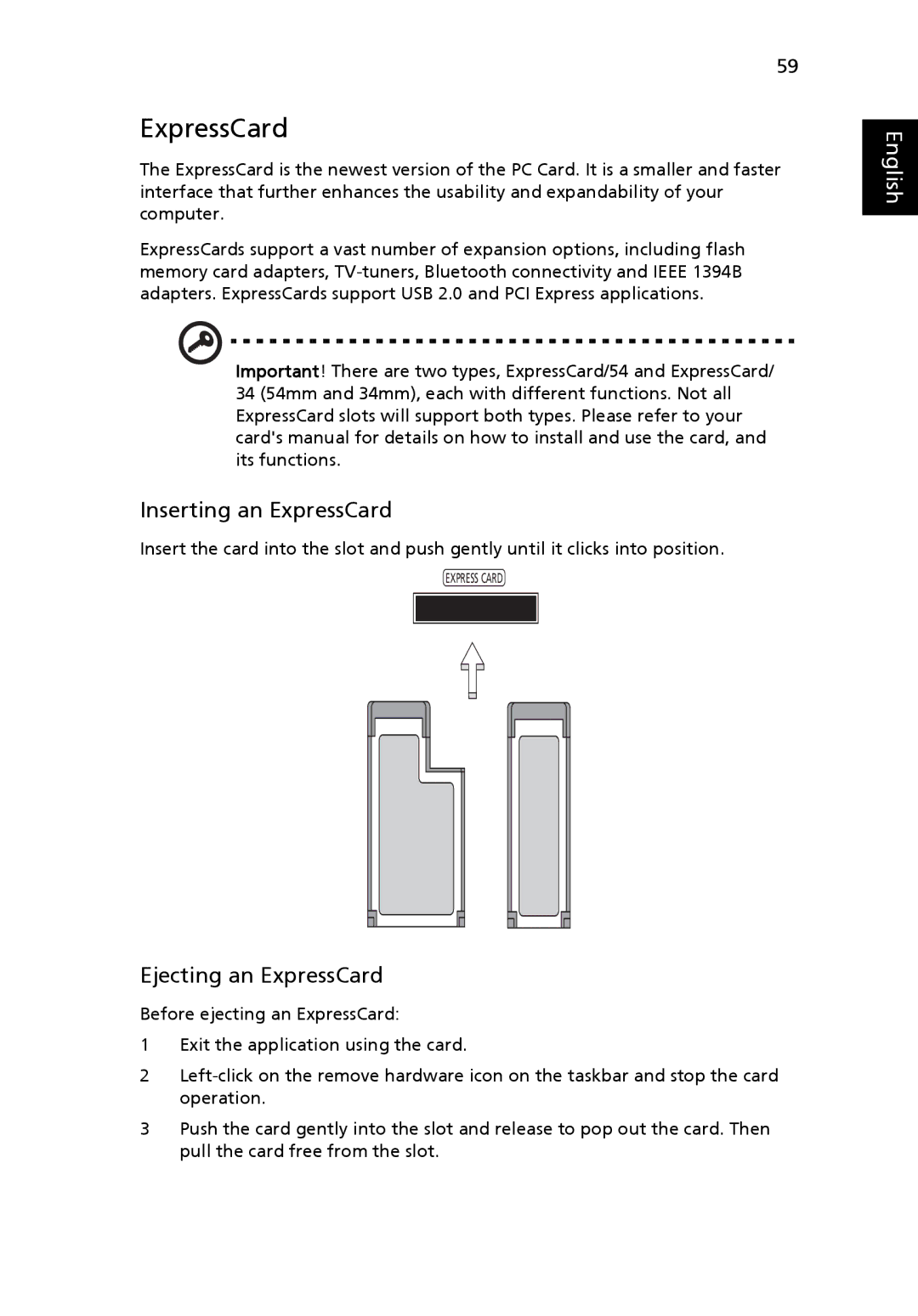 Acer MS2210, 5220G manual Inserting an ExpressCard, Ejecting an ExpressCard 