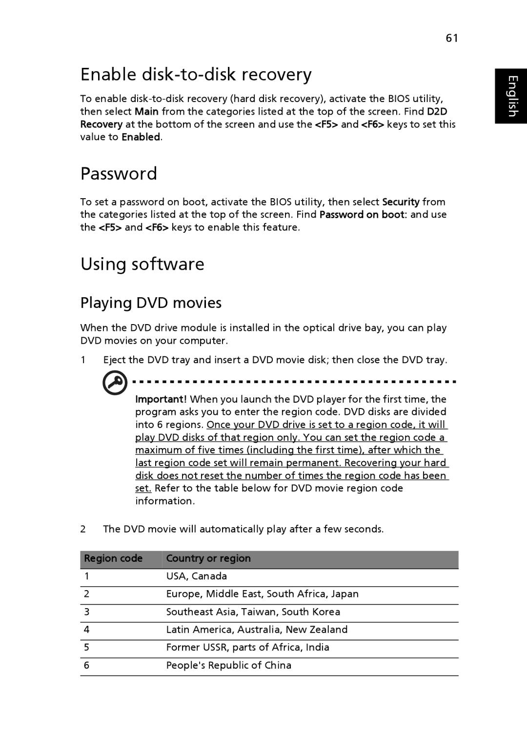 Acer MS2210 Enable disk-to-disk recovery, Password, Using software, Playing DVD movies, Region code Country or region 