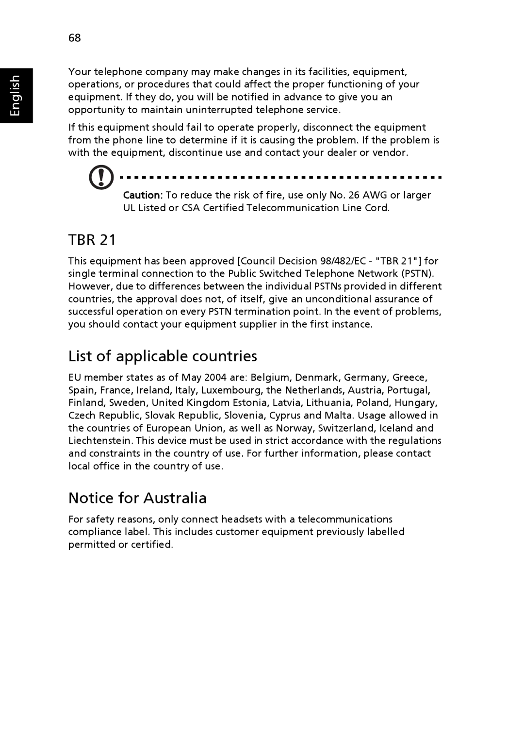 Acer 5220G, MS2210 manual Tbr, List of applicable countries 