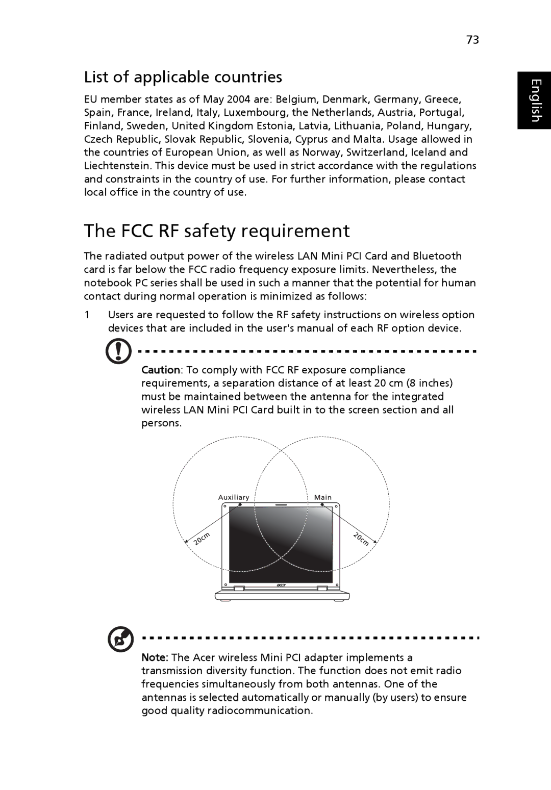 Acer MS2210, 5220G manual FCC RF safety requirement, List of applicable countries 