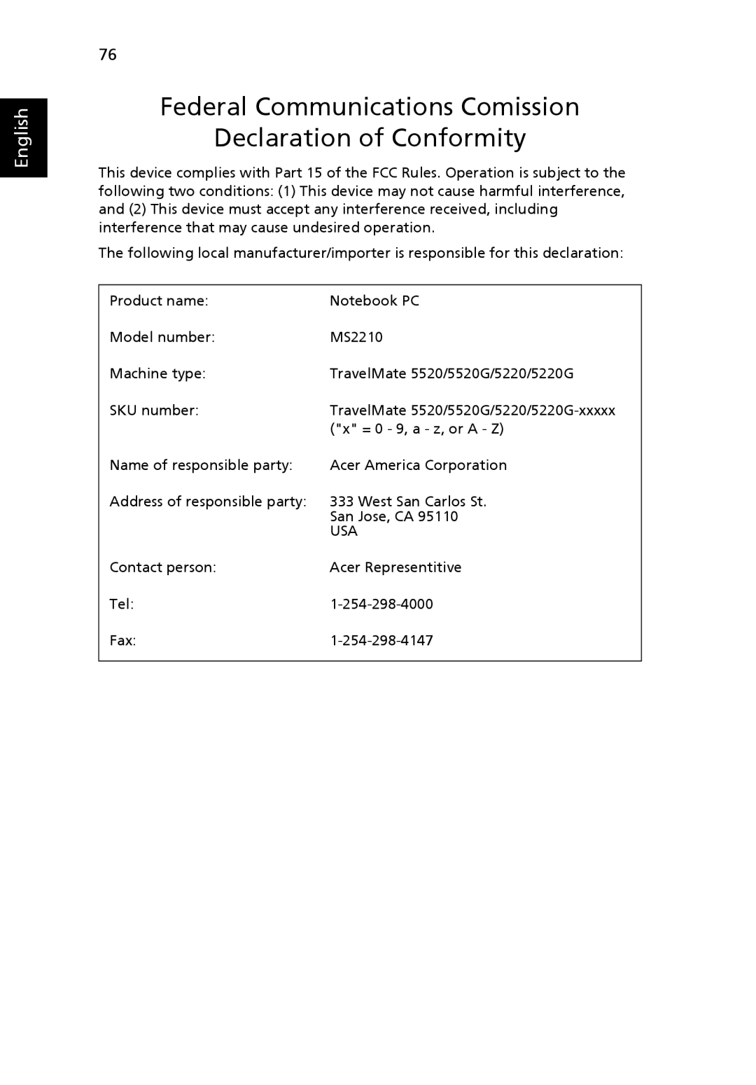 Acer 5220G, MS2210 manual Federal Communications Comission Declaration of Conformity 