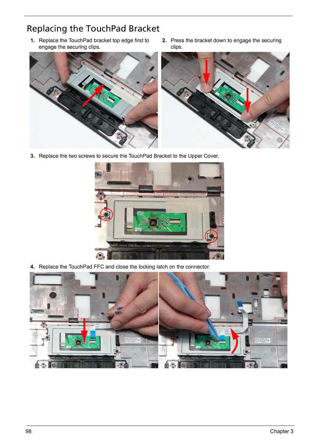 Acer 5241 manual Replacing the TouchPad Bracket 