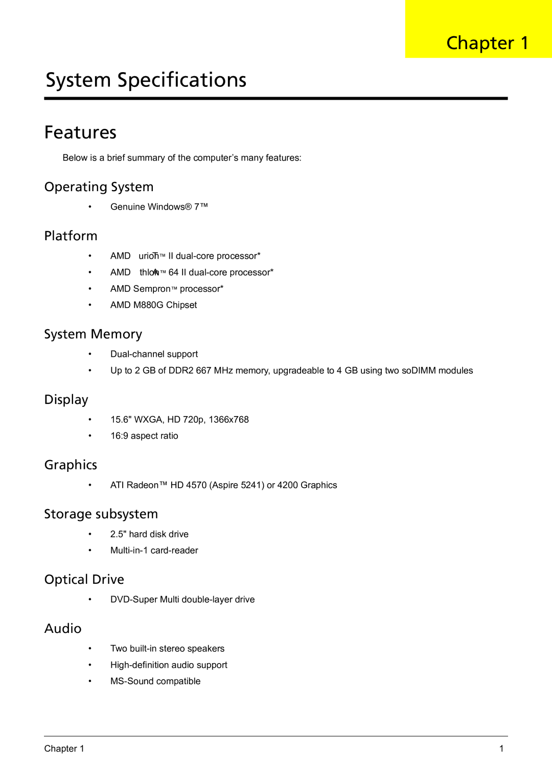 Acer 5241 manual Chapter, Features 