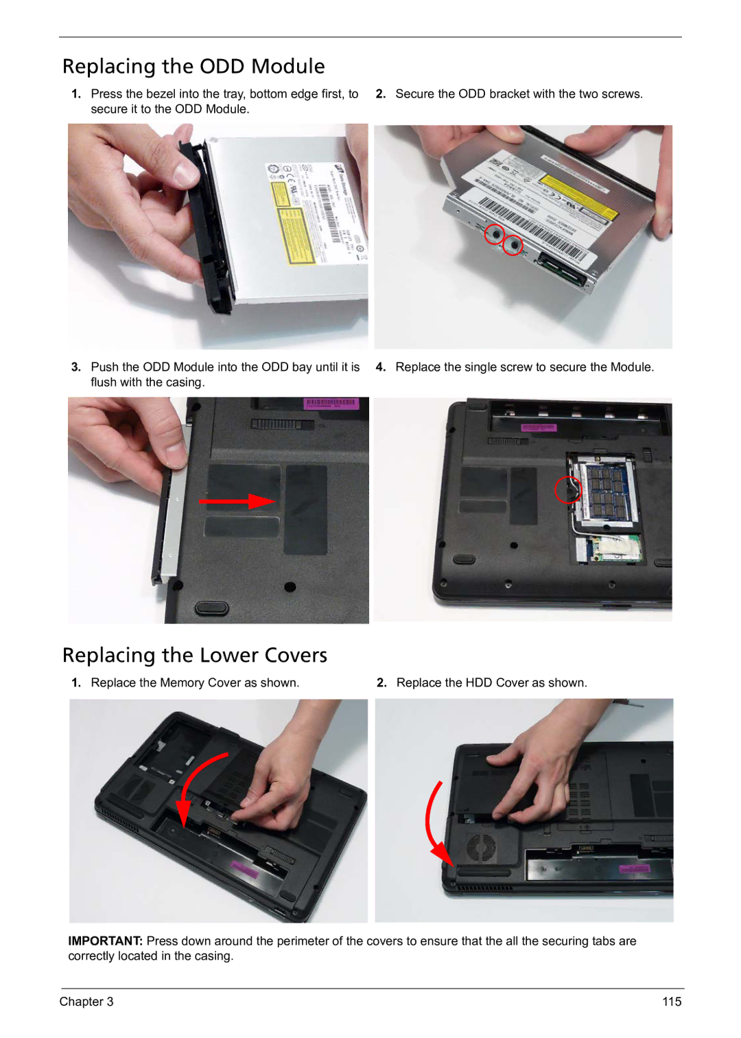 Acer 5241 manual Replacing the ODD Module, Replacing the Lower Covers 