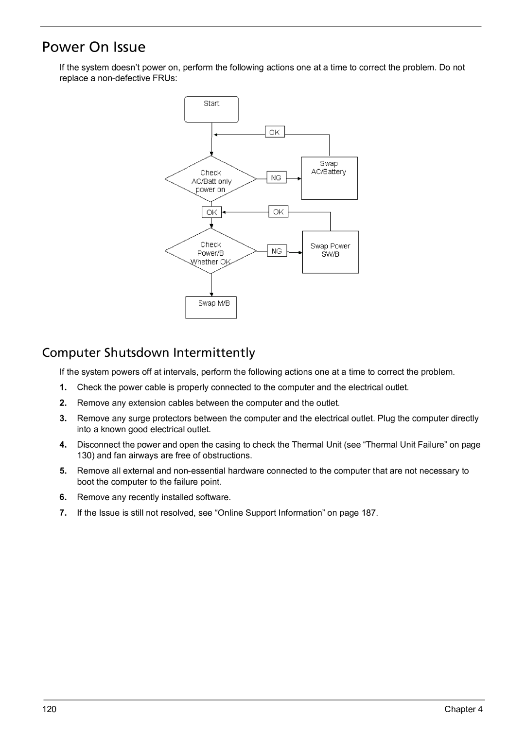 Acer 5241 manual Power On Issue, Computer Shutsdown Intermittently 