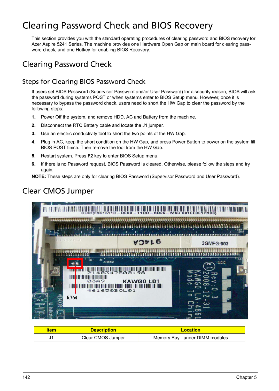 Acer 5241 manual Clearing Password Check and Bios Recovery, Clear Cmos Jumper, Steps for Clearing Bios Password Check 