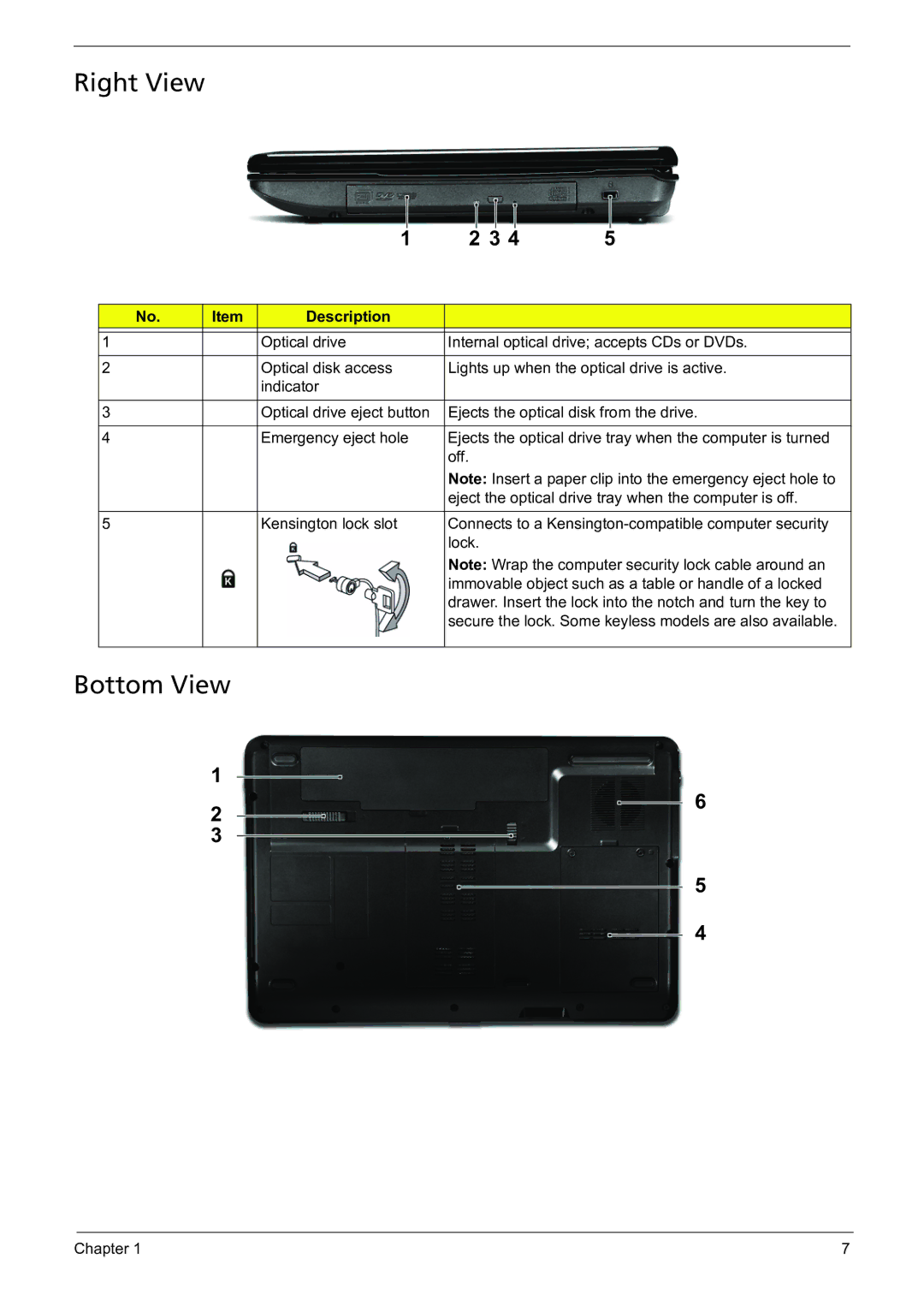 Acer 5241 manual Right View, Bottom View 