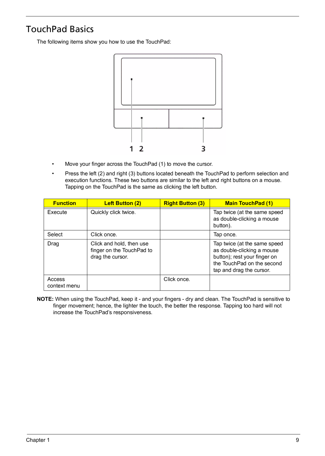 Acer 5241 manual TouchPad Basics, Function Left Button Right Button Main TouchPad 